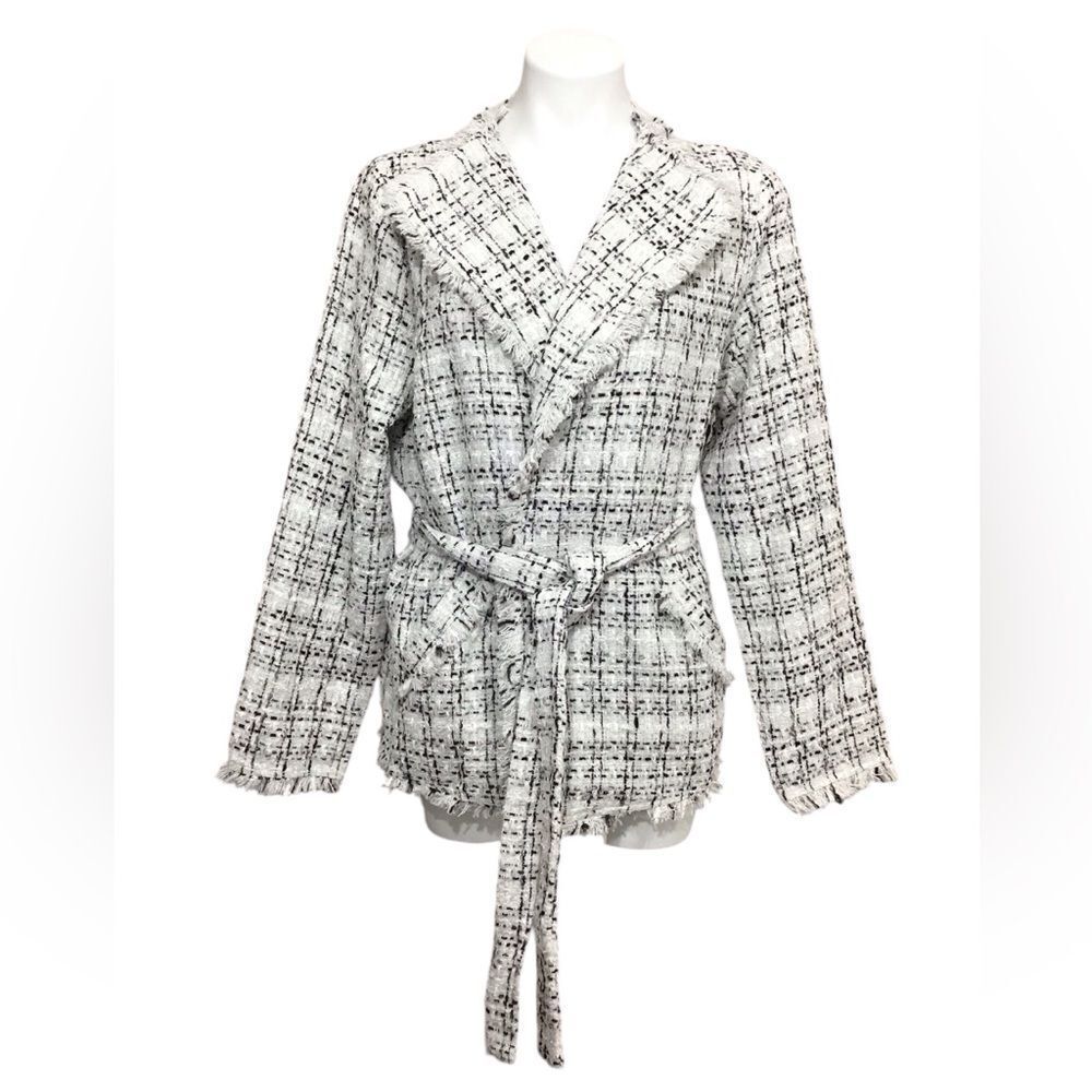 Doe & Rae White Tweed Wrap Coat Blazer Self Tie Belt Fringe New Size Large